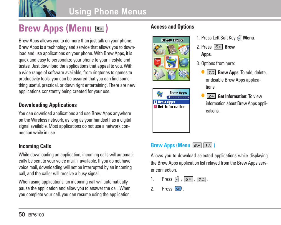 Brew apps (menu ), Using phone menus | LG LGBP6100 User Manual | Page 51 / 199