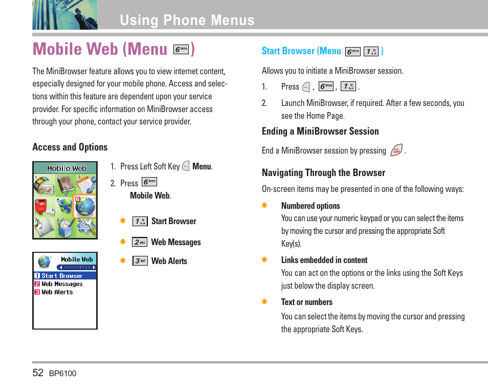 Mobile web (menu ), Using phone menus | LG LGBP6100 User Manual | Page 53 / 199