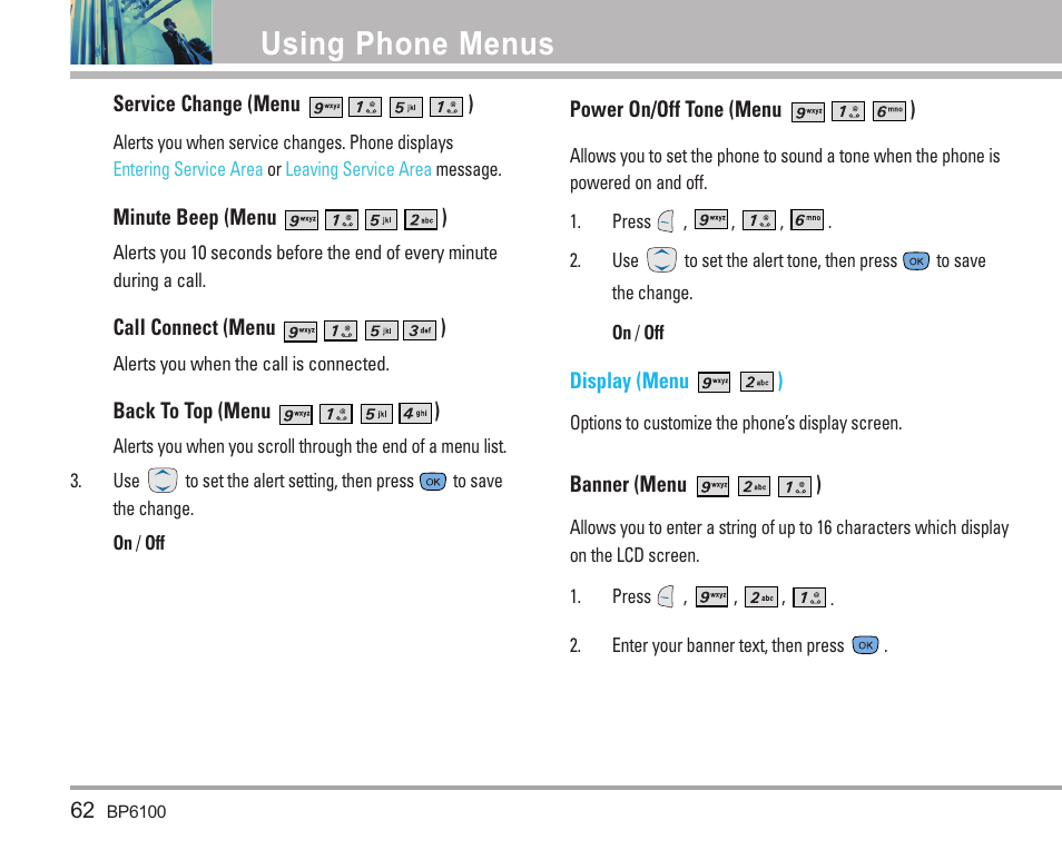 Using phone menus | LG LGBP6100 User Manual | Page 63 / 199