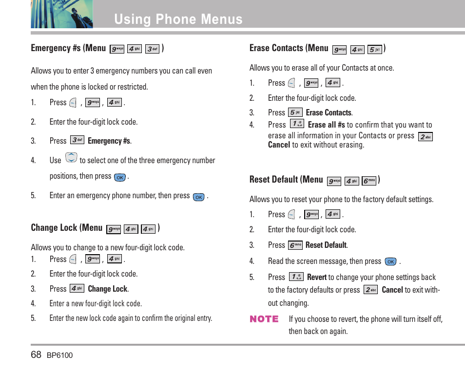 Using phone menus | LG LGBP6100 User Manual | Page 69 / 199