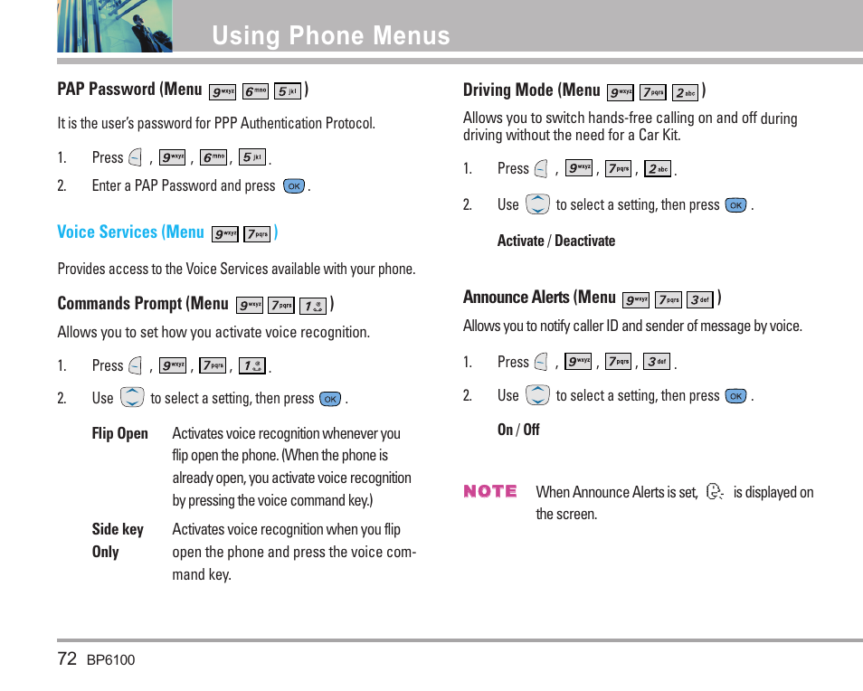 Using phone menus | LG LGBP6100 User Manual | Page 73 / 199