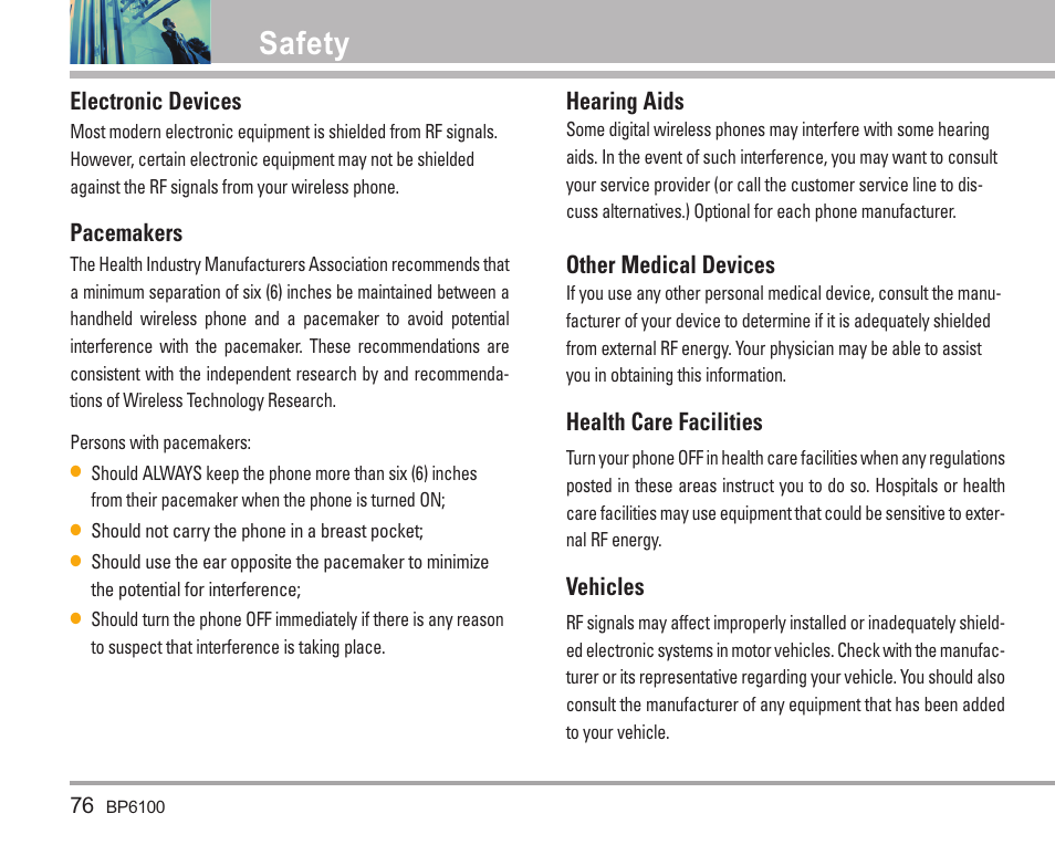 Safety, Electronic devices, Pacemakers | Hearing aids, Other medical devices, Health care facilities, Vehicles | LG LGBP6100 User Manual | Page 77 / 199