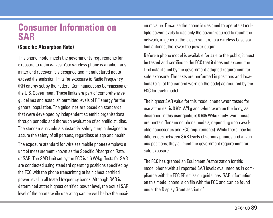 Consumer information on sar | LG LGBP6100 User Manual | Page 90 / 199