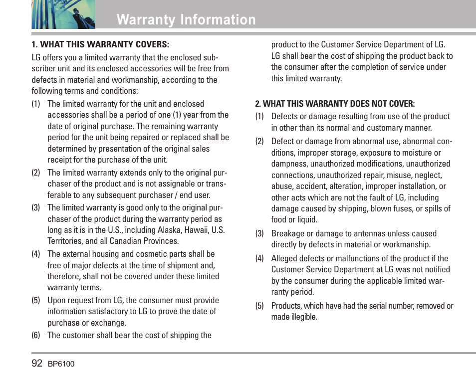 Warranty information | LG LGBP6100 User Manual | Page 93 / 199