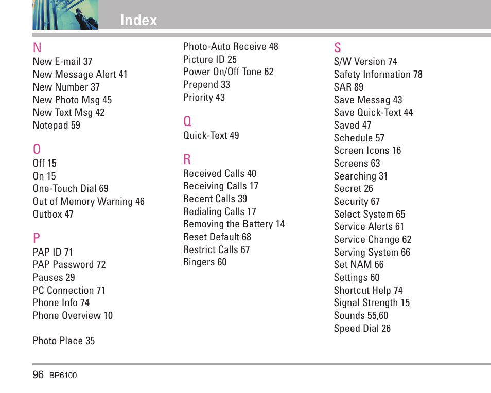 Index | LG LGBP6100 User Manual | Page 97 / 199