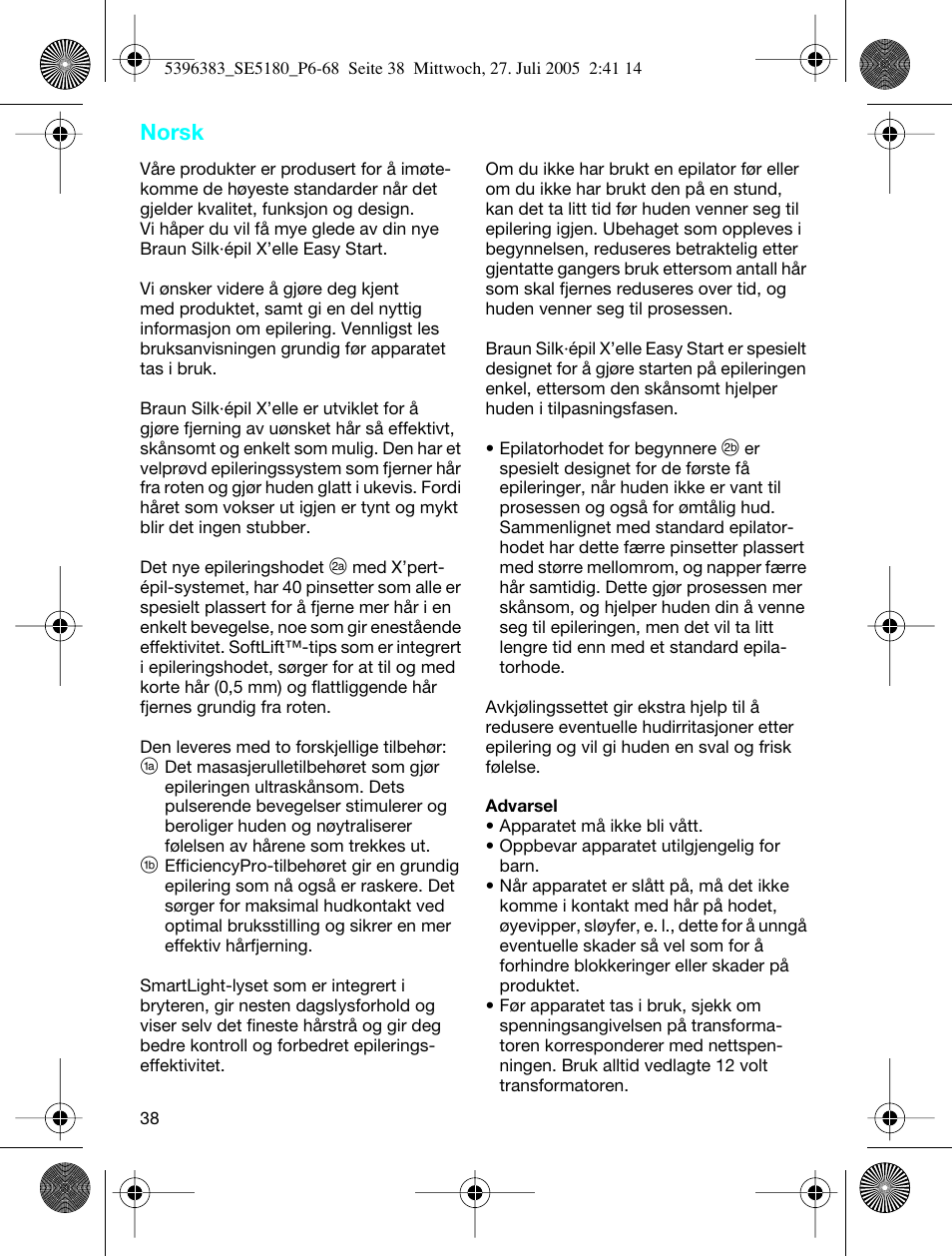 Norsk | Braun 5280-5396 Silk-épil X'elle EasyStart User Manual | Page 37 / 62