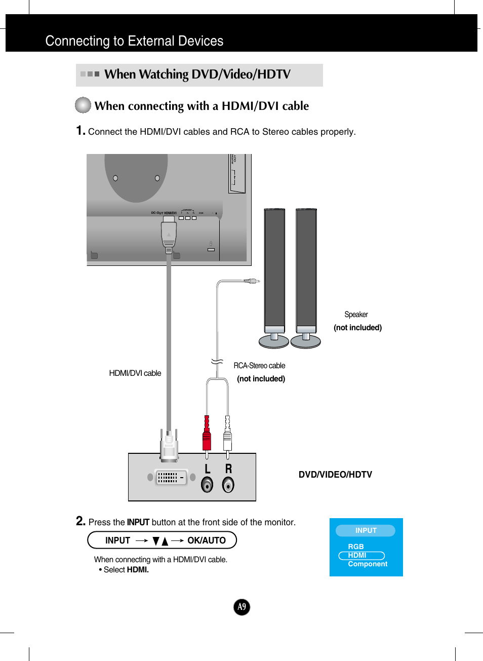 When connecting with a hdmi/dvi cable, Connecting to external devices, When watching dvd/video/hdtv 2 | Dvd/video/hdtv | LG L246WH-BN User Manual | Page 10 / 31