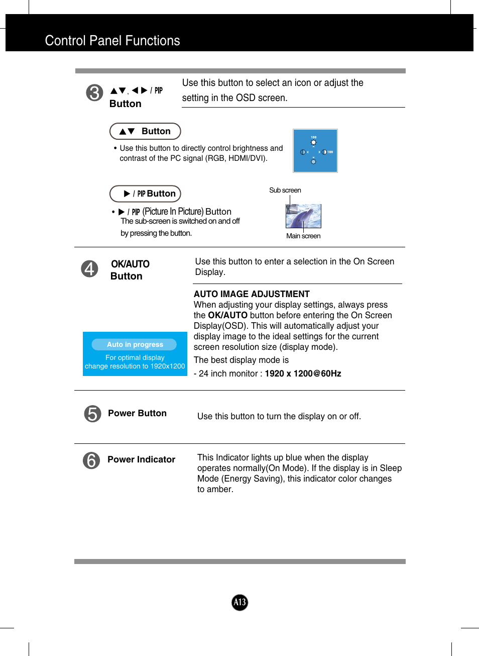 Control panel functions | LG L246WH-BN User Manual | Page 14 / 31