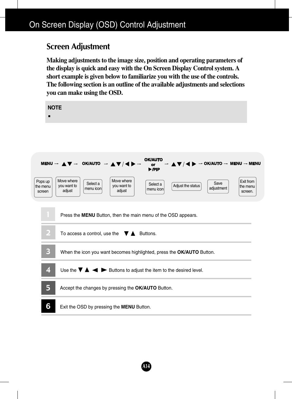 On screen display (osd) control adjustment, Screen adjustment | LG L246WH-BN User Manual | Page 15 / 31