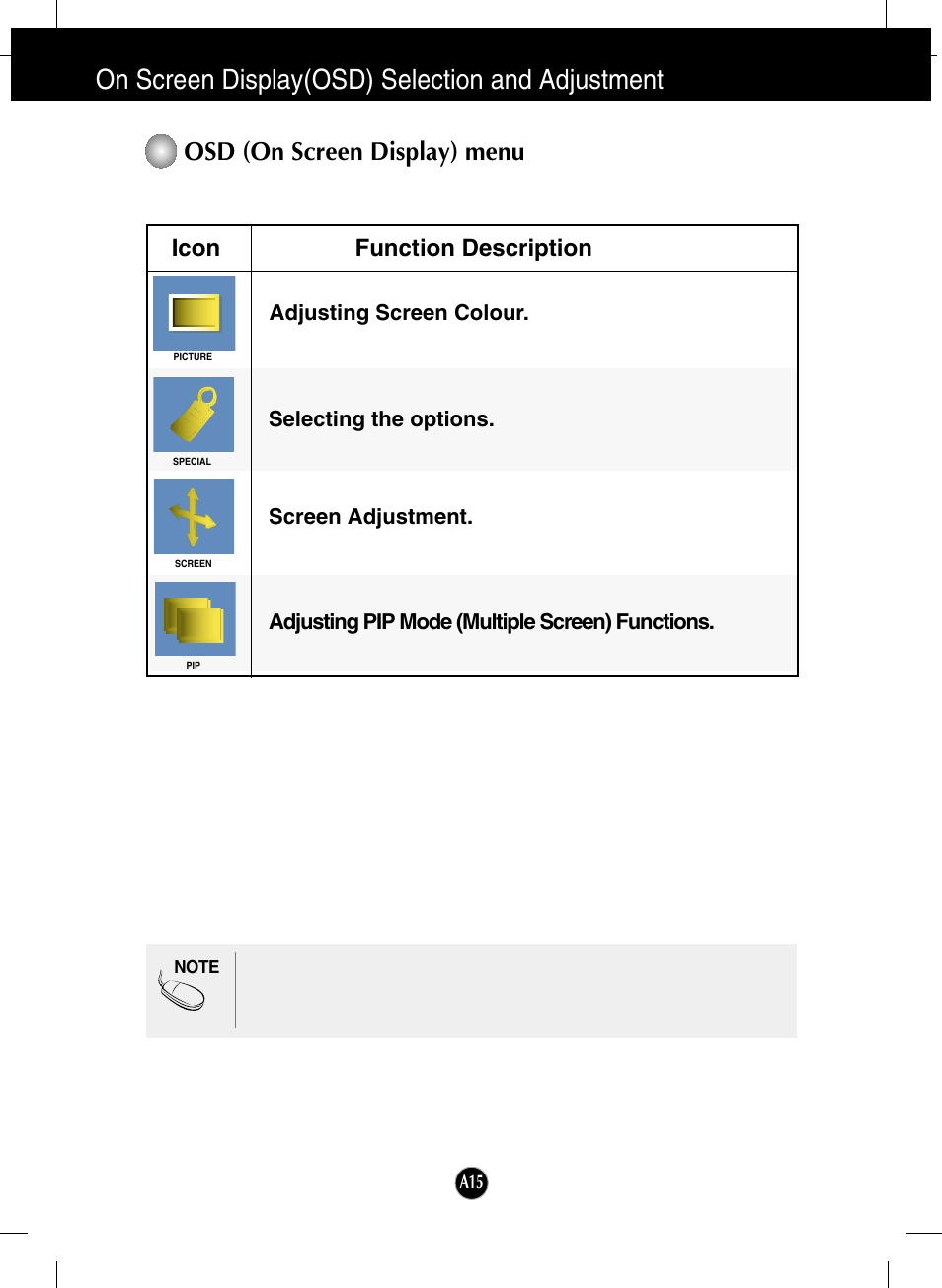 On screen display(osd) selection and adjustment, Osd (on screen display) menu, Icon function description | LG L246WH-BN User Manual | Page 16 / 31