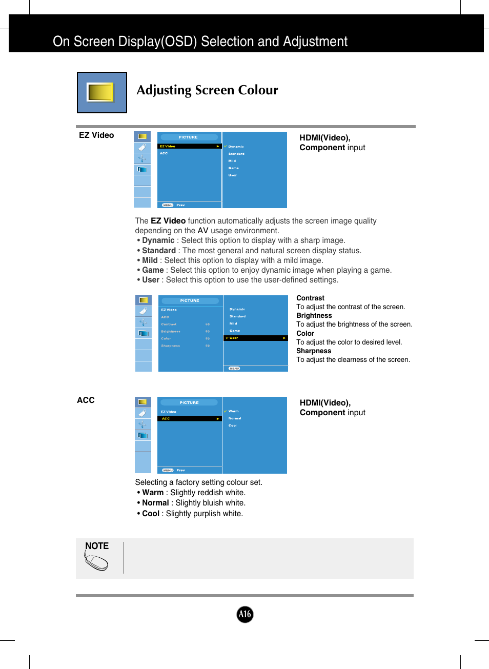 Adjusting screen colour, On screen display(osd) selection and adjustment | LG L246WH-BN User Manual | Page 17 / 31