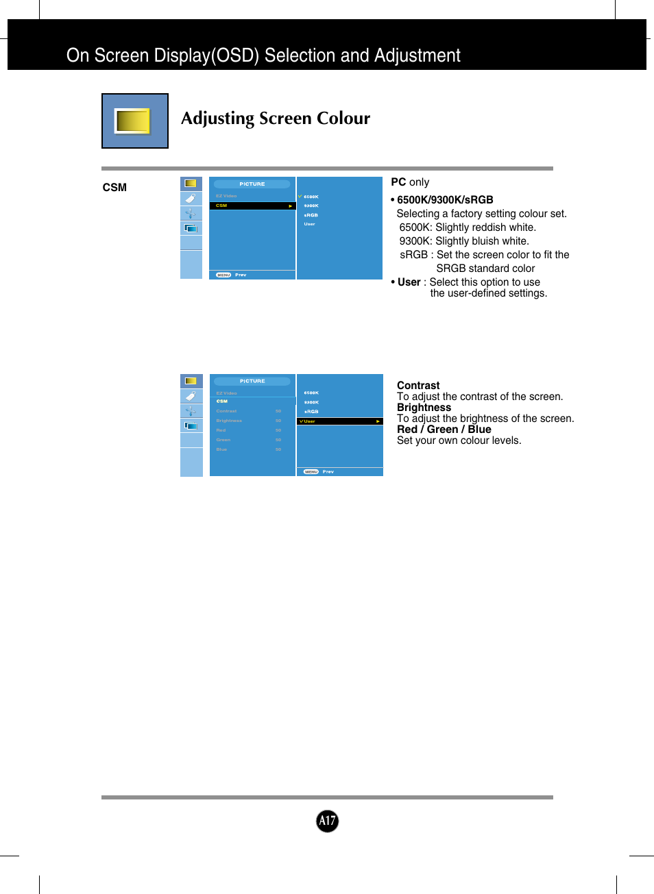 On screen display(osd) selection and adjustment, Adjusting screen colour, Pc only | LG L246WH-BN User Manual | Page 18 / 31