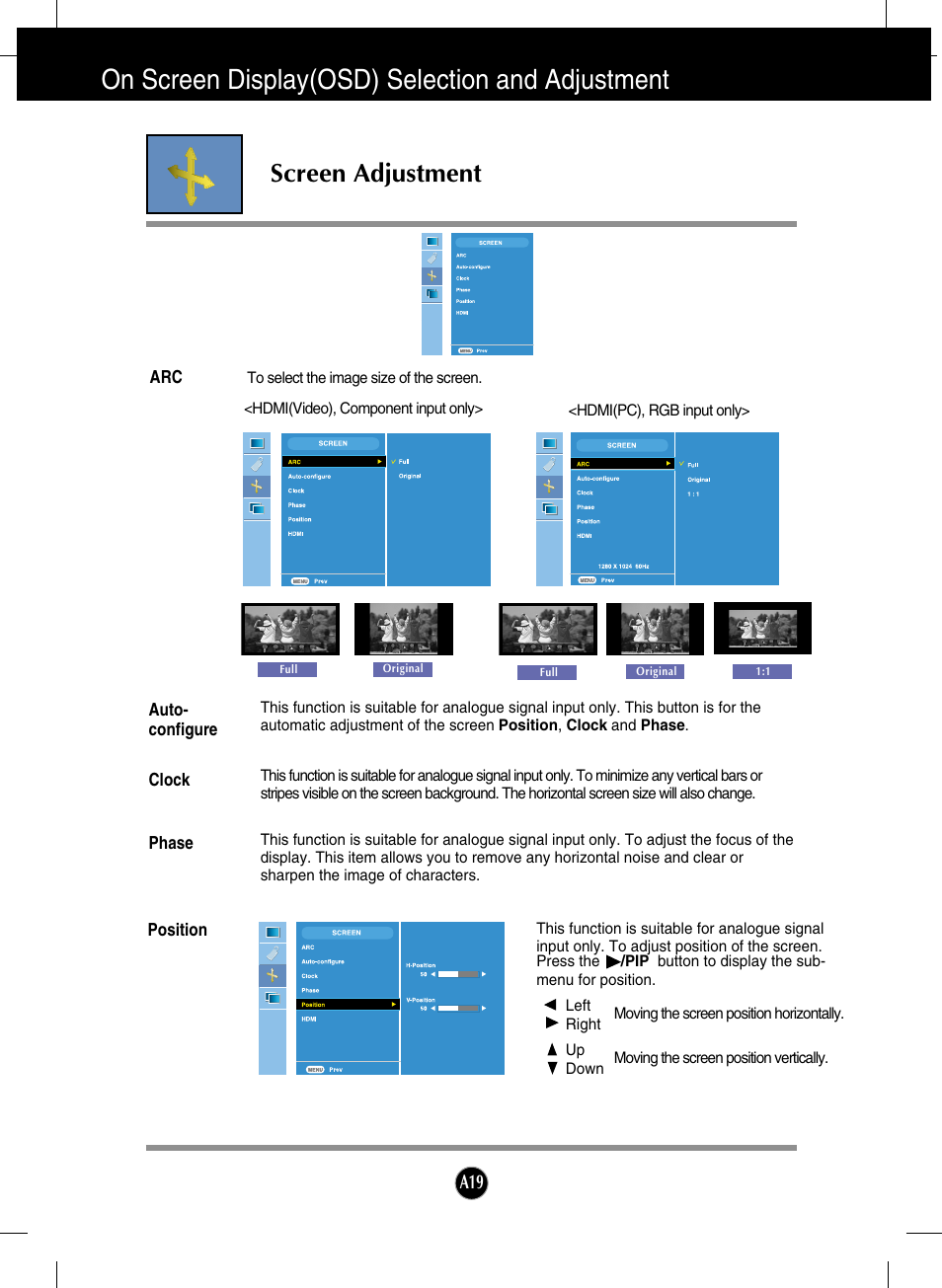 Screen adjustment, On screen display(osd) selection and adjustment | LG L246WH-BN User Manual | Page 20 / 31