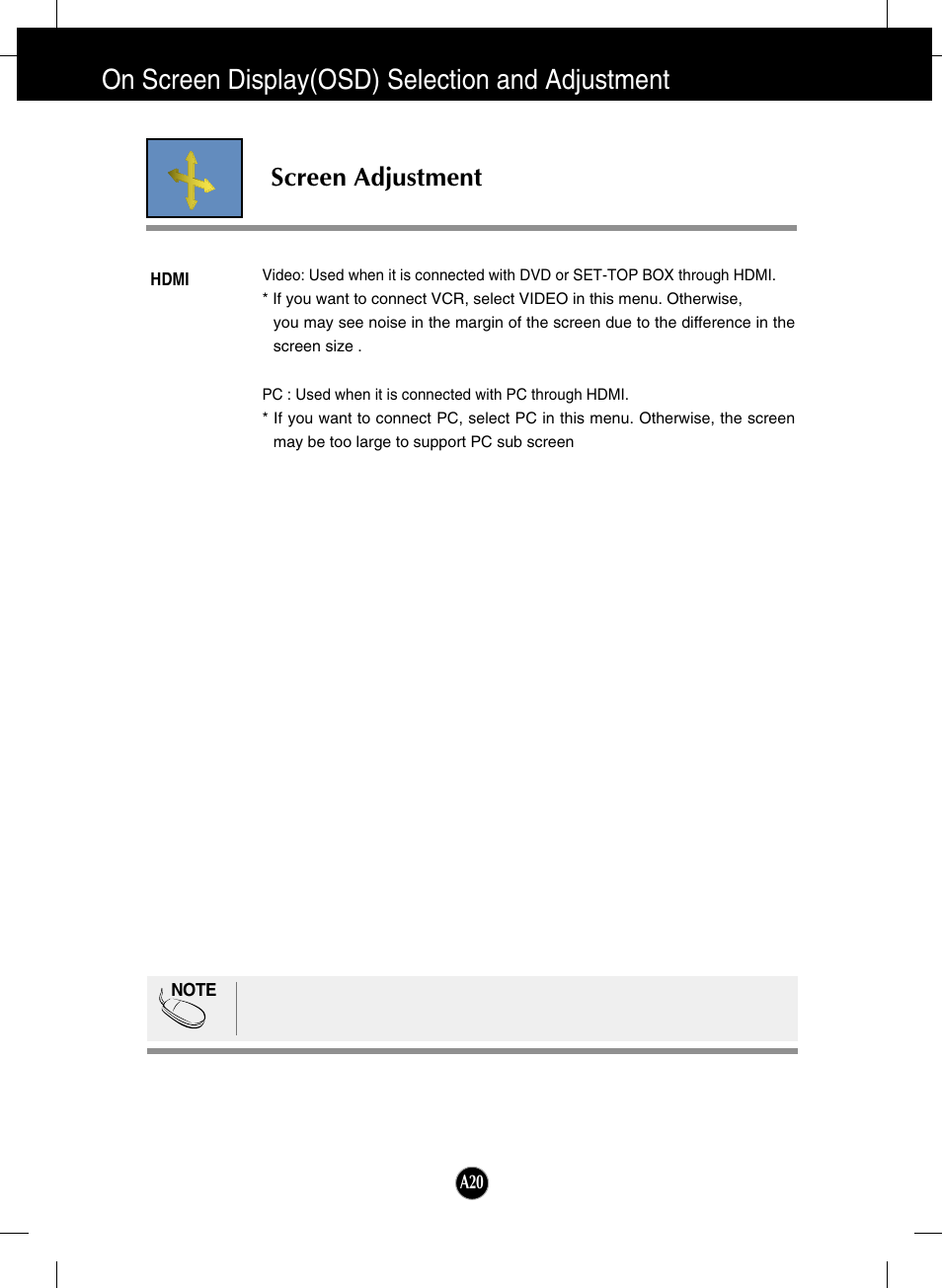 On screen display(osd) selection and adjustment, Screen adjustment | LG L246WH-BN User Manual | Page 21 / 31