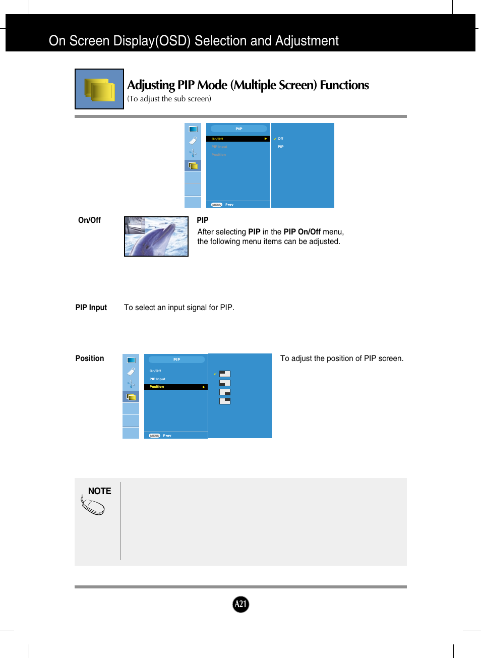 Adjusting pip mode (multiple screen) functions, On screen display(osd) selection and adjustment | LG L246WH-BN User Manual | Page 22 / 31