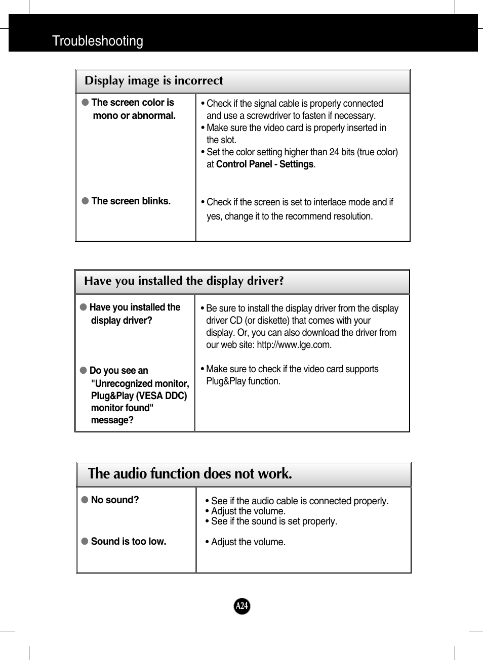 Have you installed the display driver, The audio function does not work, Troubleshooting | LG L246WH-BN User Manual | Page 25 / 31