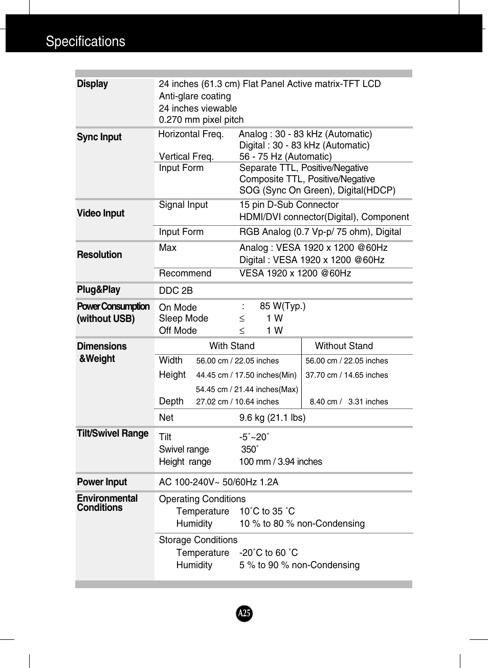 Specifications | LG L246WH-BN User Manual | Page 26 / 31