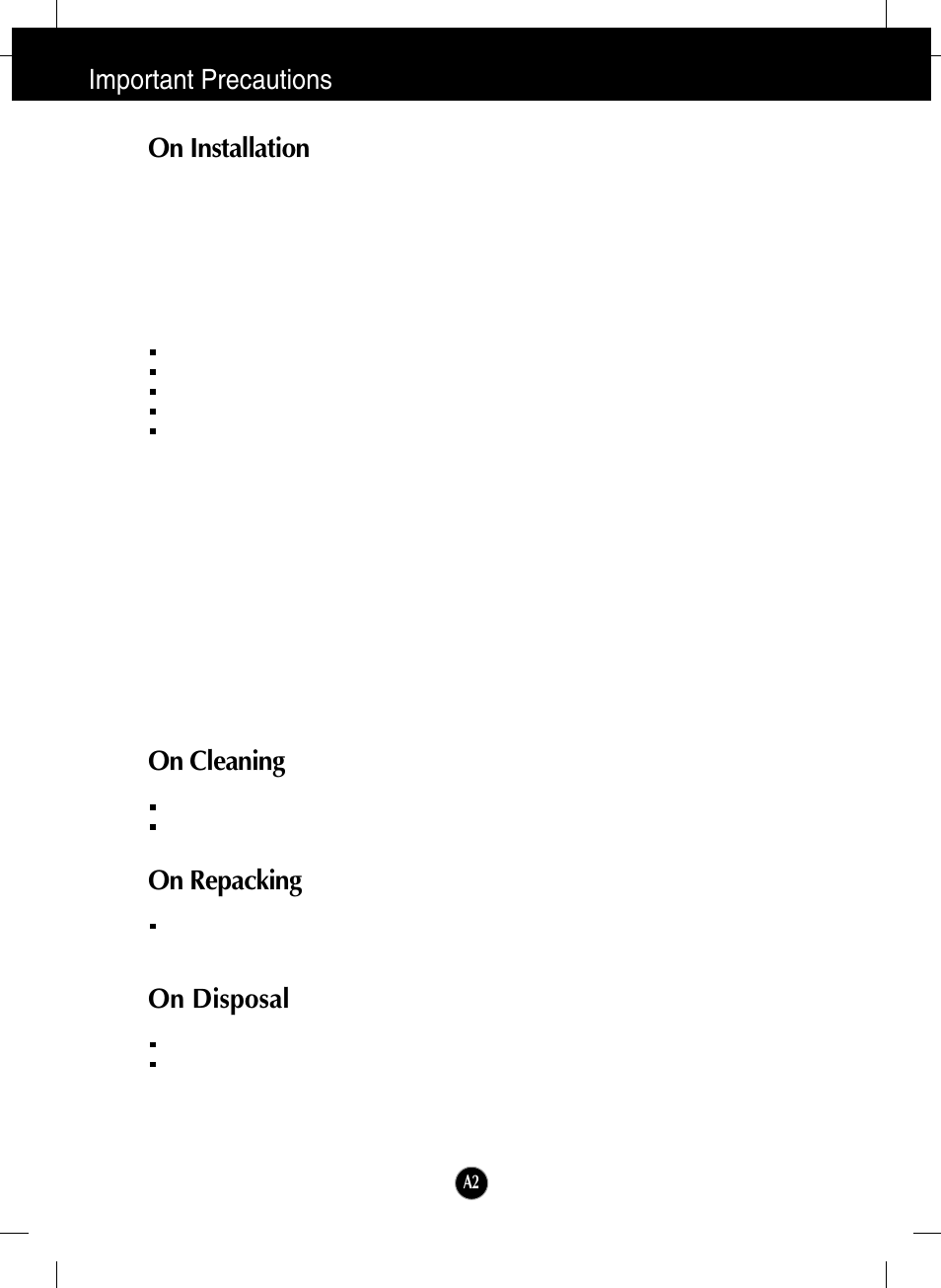 On installation, On cleaning, On repacking | On disposal, Important precautions on installation | LG L246WH-BN User Manual | Page 3 / 31