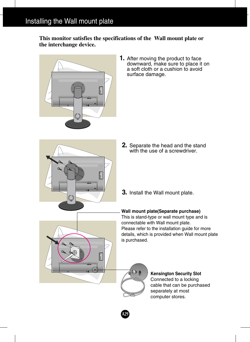 Installing the wall mount plate, Install the wall mount plate | LG L246WH-BN User Manual | Page 30 / 31