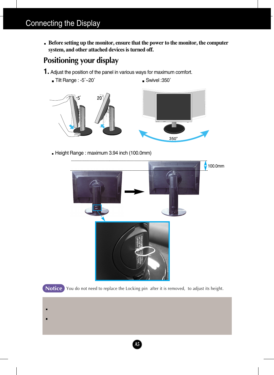 Positioning your display, Connecting the display | LG L246WH-BN User Manual | Page 6 / 31