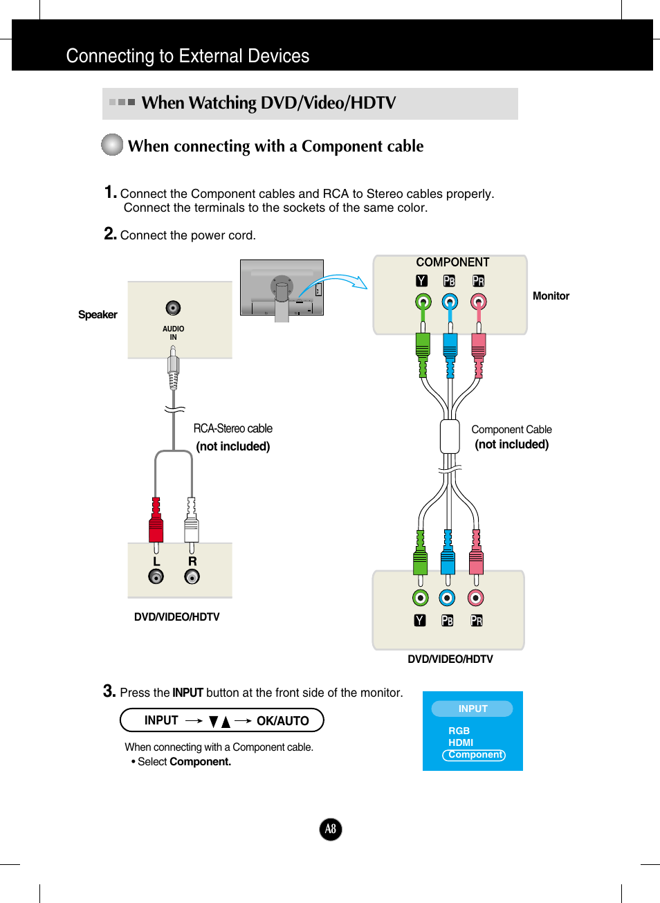 When watching dvd/video/hdtv, When connecting with a component cable, Connecting to external devices | LG L246WH-BN User Manual | Page 9 / 31