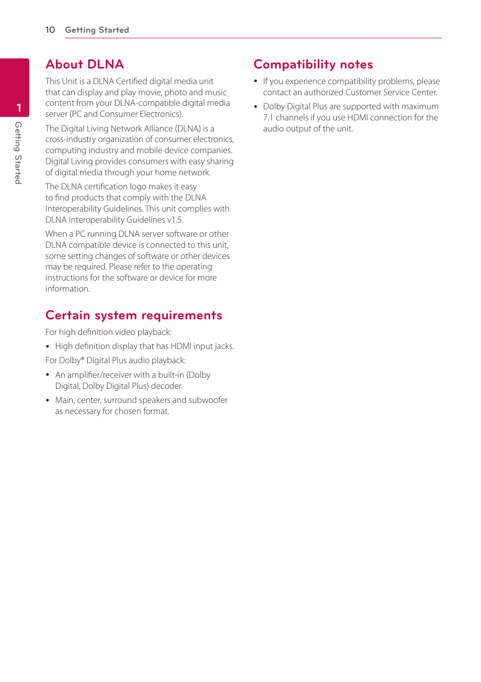 About dlna, Certain system requirements, Compatibility notes | LG SP520 User Manual | Page 10 / 43