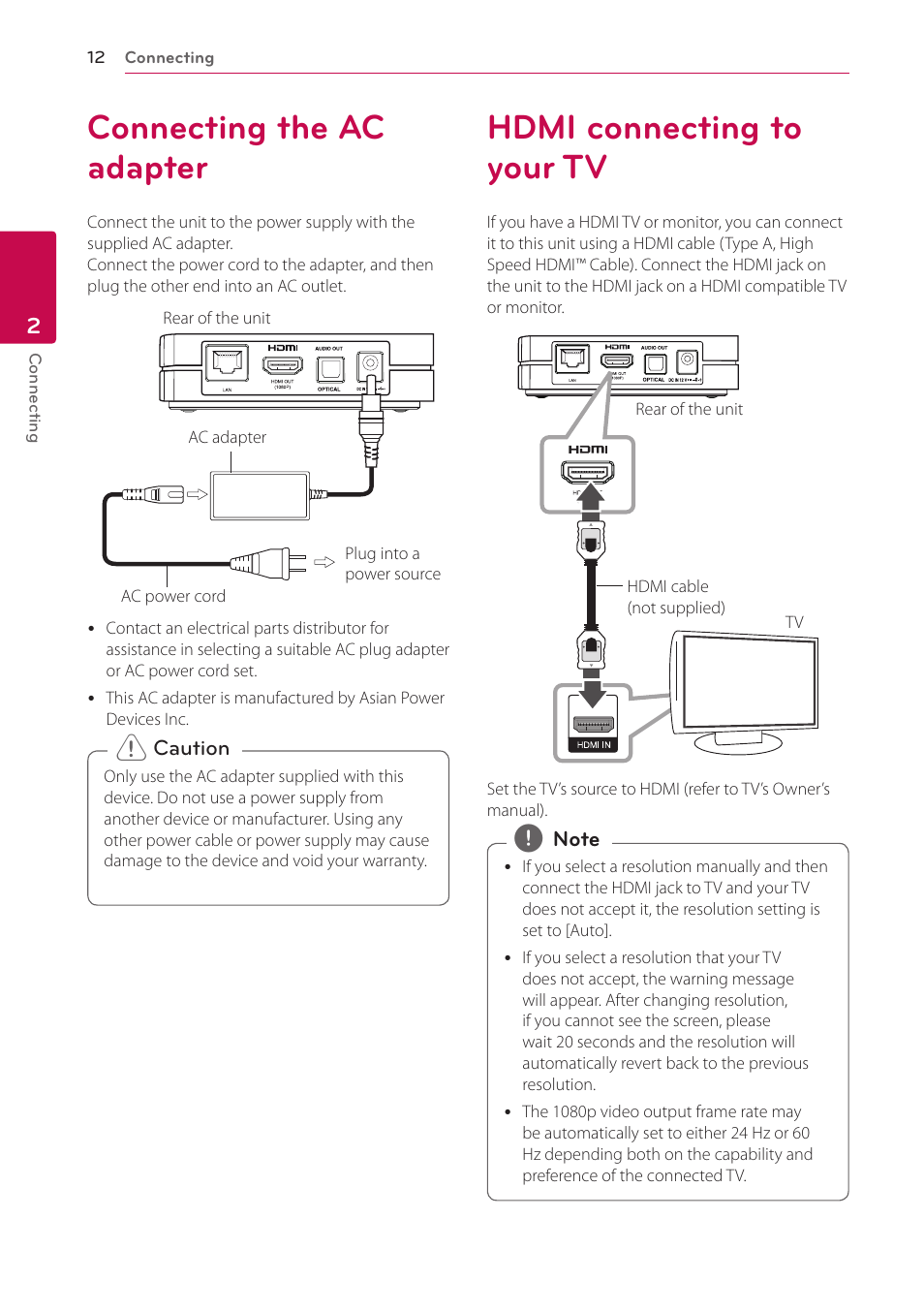 2 connecting, Connecting the ac adapter, Hdmi connecting to your tv | LG SP520 User Manual | Page 12 / 43