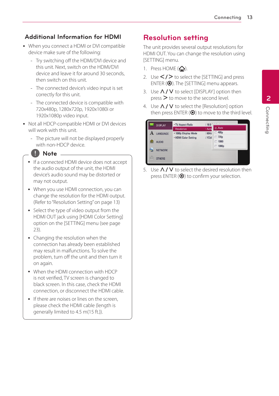 Resolution setting, 13 – resolution setting | LG SP520 User Manual | Page 13 / 43
