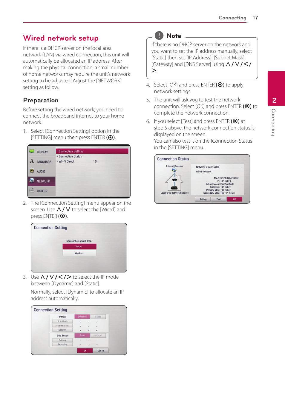 Wired network setup | LG SP520 User Manual | Page 17 / 43