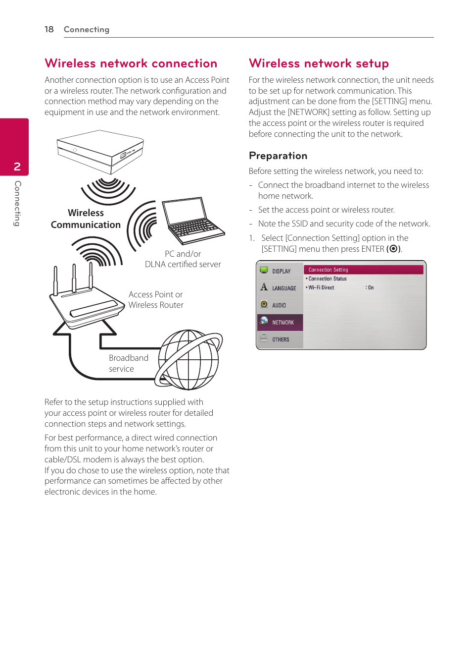 Wireless network connection, Wireless network setup | LG SP520 User Manual | Page 18 / 43