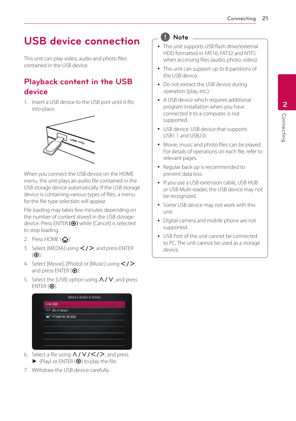 Usb device connection, Playback content in the usb device, 21 – playback content in the usb device | LG SP520 User Manual | Page 21 / 43