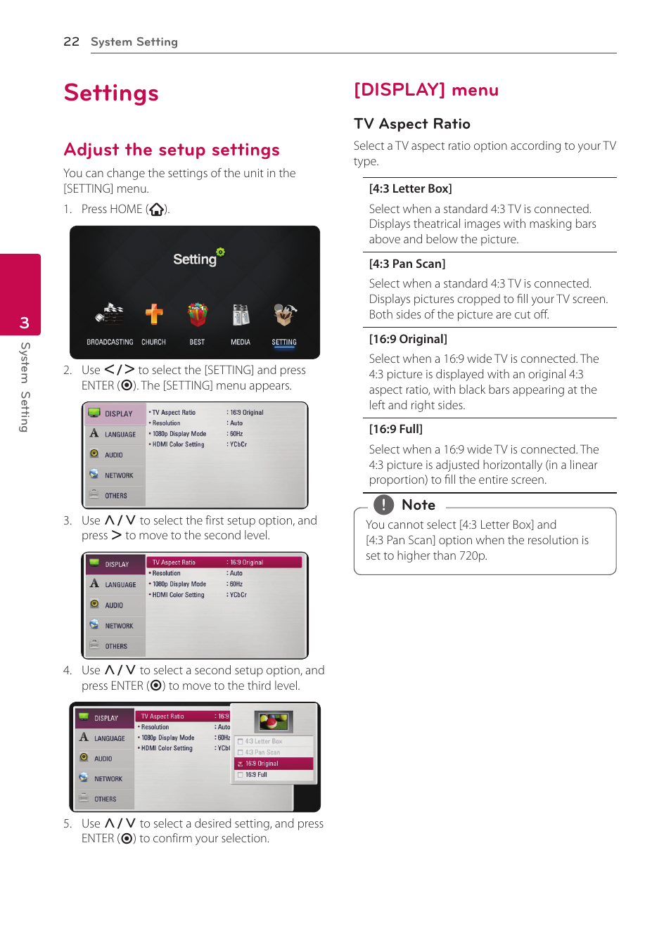 3 system setting, Settings, Adjust the setup settings | Display] menu | LG SP520 User Manual | Page 22 / 43