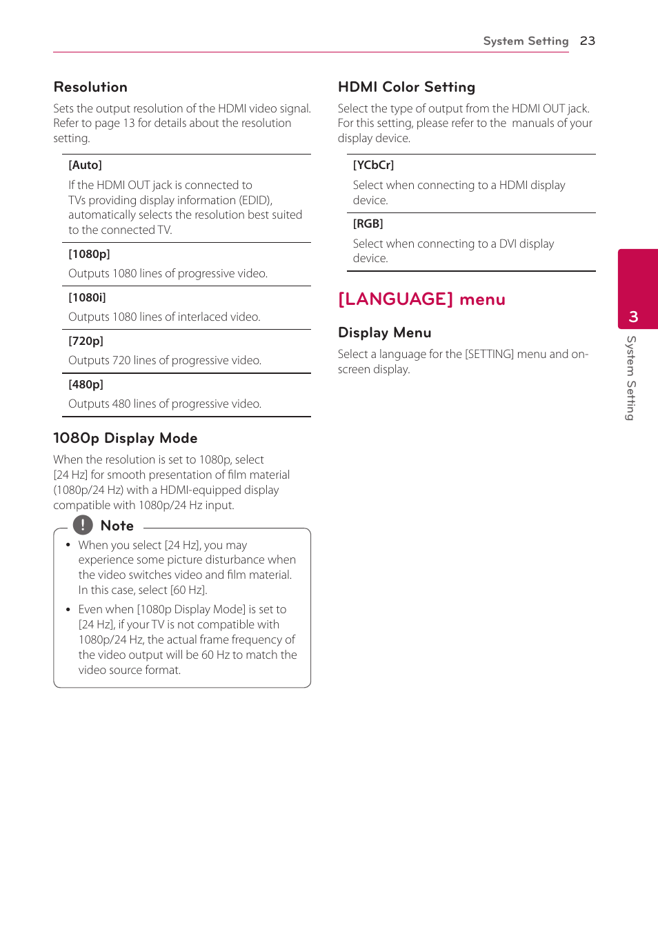 Language] menu, 23 – [language] menu | LG SP520 User Manual | Page 23 / 43