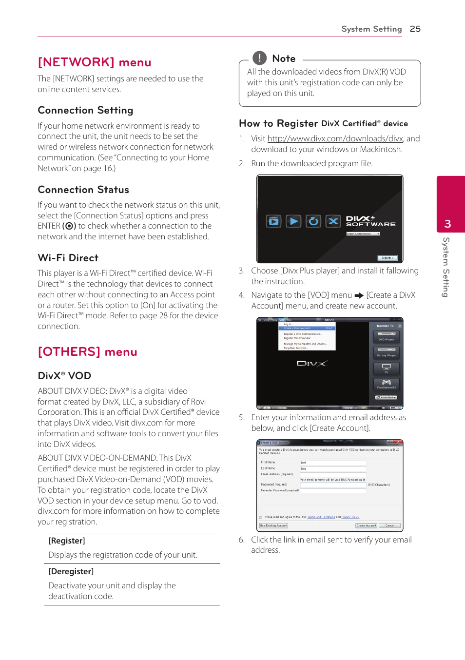 Network] menu, Others] menu, 25 – [network] menu 25 – [others] menu | LG SP520 User Manual | Page 25 / 43