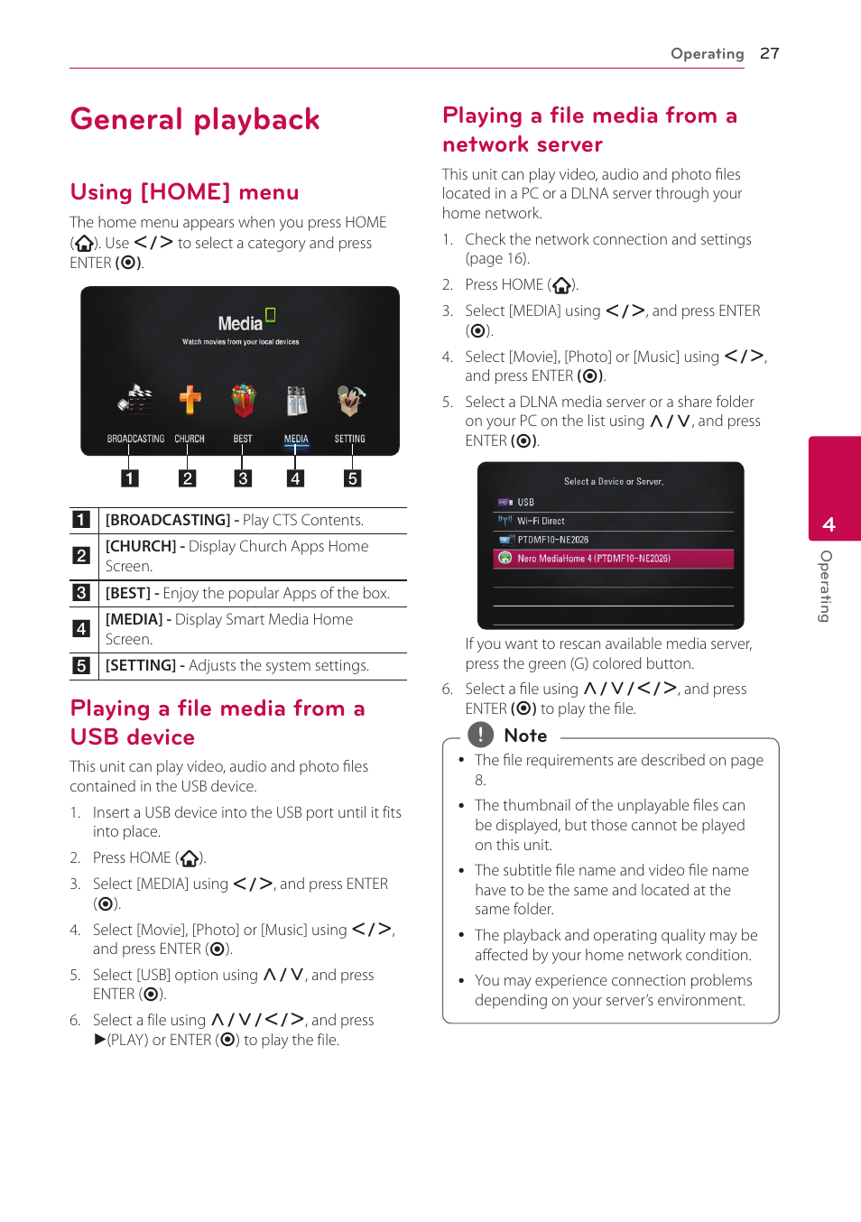 4 operating, General playback, Using [home] menu | Playing a file media from a usb device, Playing a file media from a network server, Device, 27 – playing a file media from a network, Server | LG SP520 User Manual | Page 27 / 43