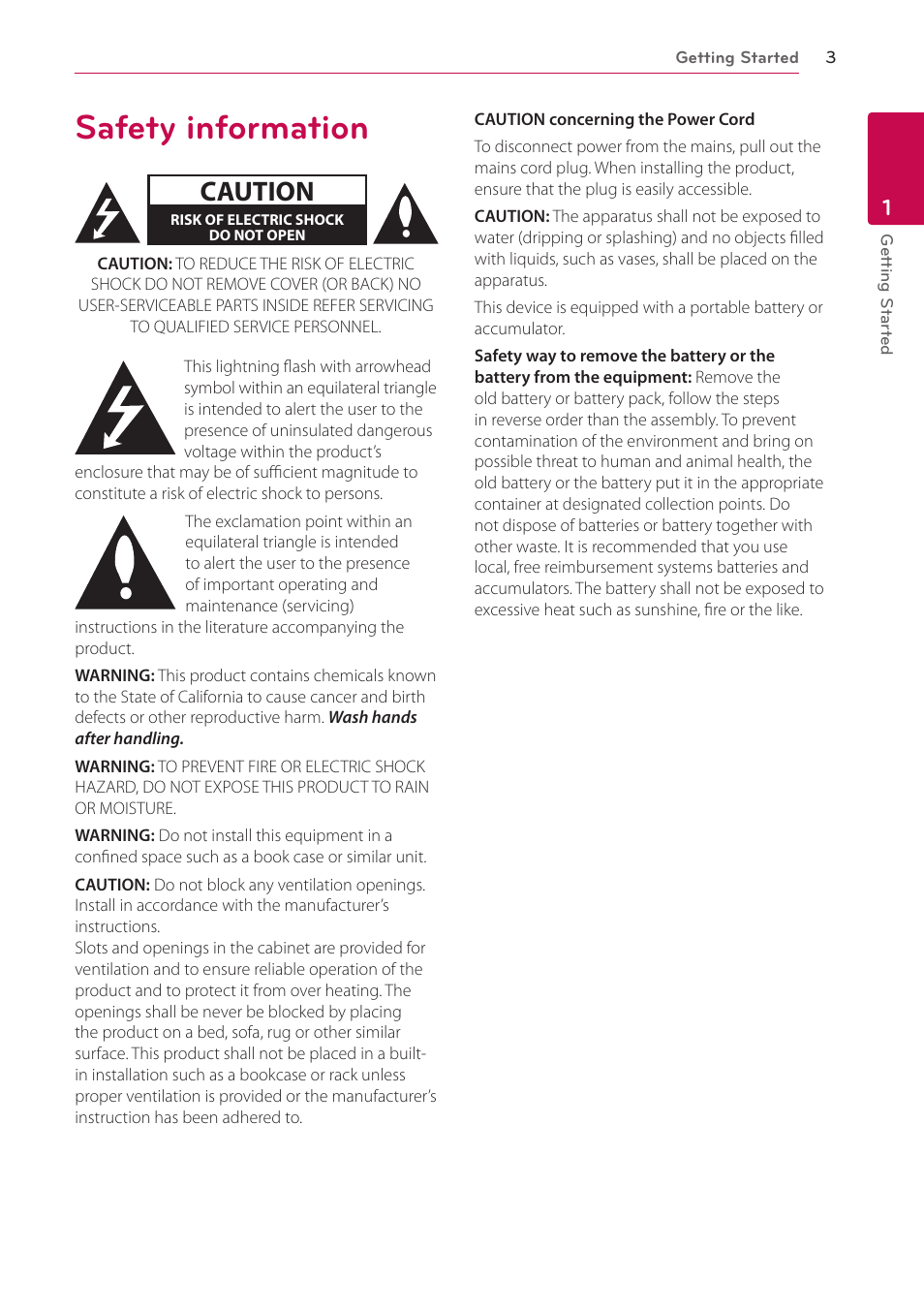1 getting started, Safety information, Caution | LG SP520 User Manual | Page 3 / 43