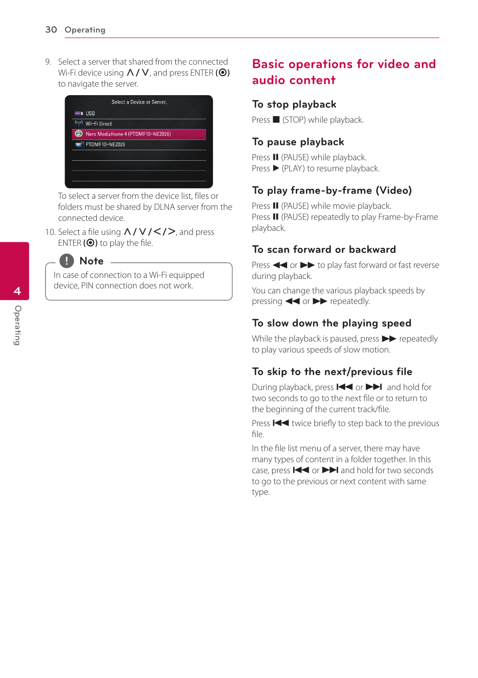 Basic operations for video and audio content, 30 – basic operations for video and audio, Content | LG SP520 User Manual | Page 30 / 43