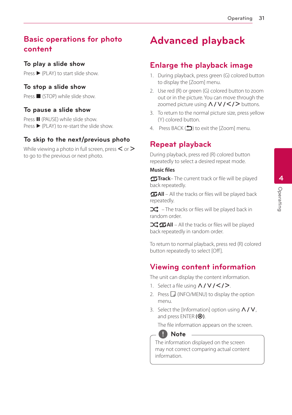 Basic operations for photo content, Advanced playback, Enlarge the playback image | Repeat playback, Viewing content information, 31 – basic operations for photo content 31 | LG SP520 User Manual | Page 31 / 43