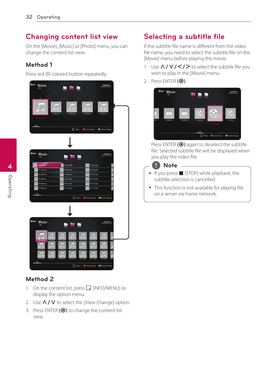 Changing content list view, Selecting a subtitle file | LG SP520 User Manual | Page 32 / 43