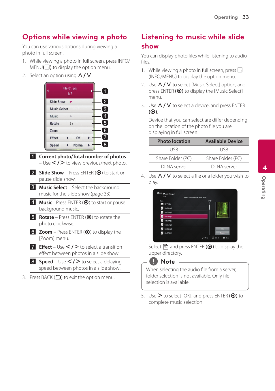 Options while viewing a photo, Listening to music while slide show | LG SP520 User Manual | Page 33 / 43