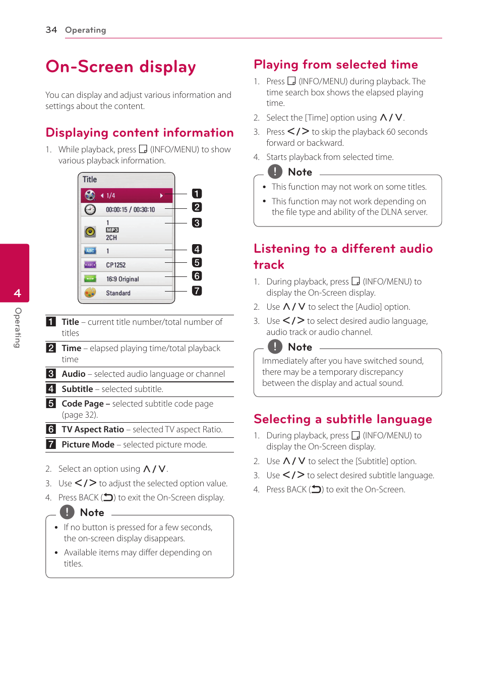 On-screen display, Displaying content information, Playing from selected time | Listening to a different audio track, Selecting a subtitle language | LG SP520 User Manual | Page 34 / 43