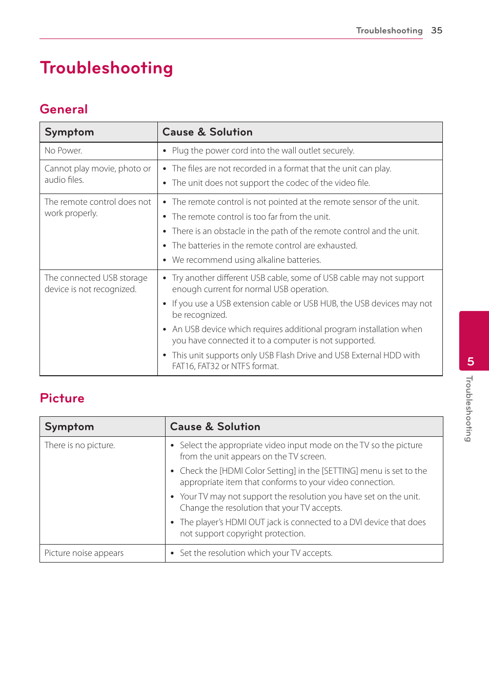 5 troubleshooting, Troubleshooting, General | Picture, 35 troubleshooting 35 – general 35 – picture | LG SP520 User Manual | Page 35 / 43