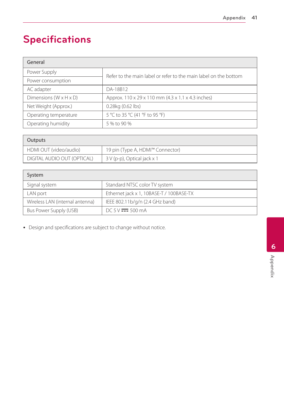 Specifications, 41 specifications | LG SP520 User Manual | Page 41 / 43