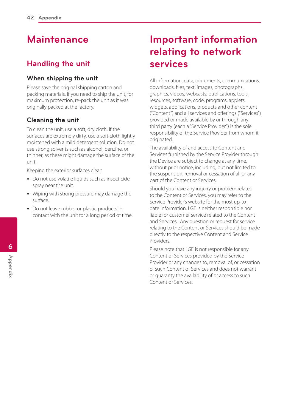 Maintenance, Handling the unit, Important information relating to network services | Services | LG SP520 User Manual | Page 42 / 43