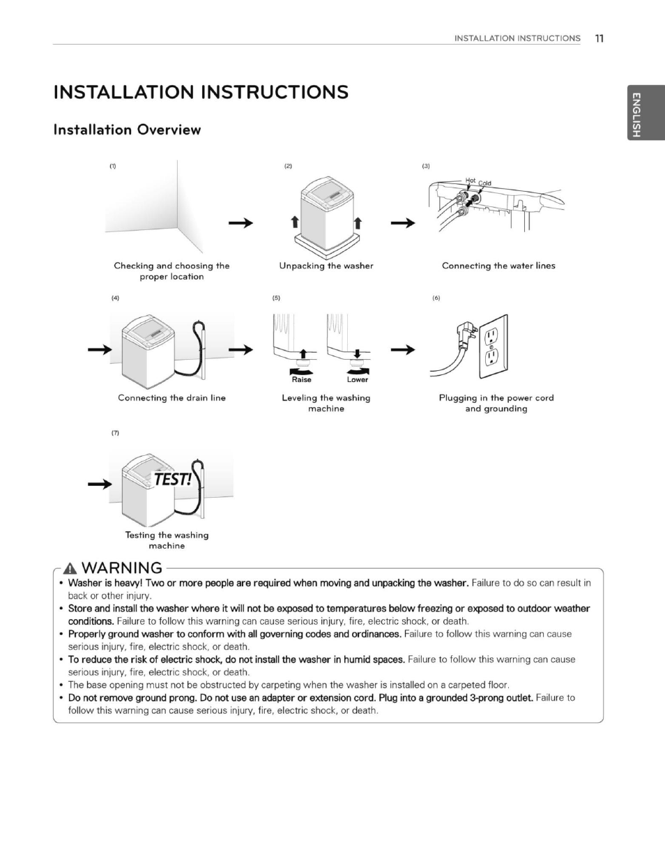 Installation instructions, Installation overview, Ra warning | LG WT1201CW User Manual | Page 11 / 84