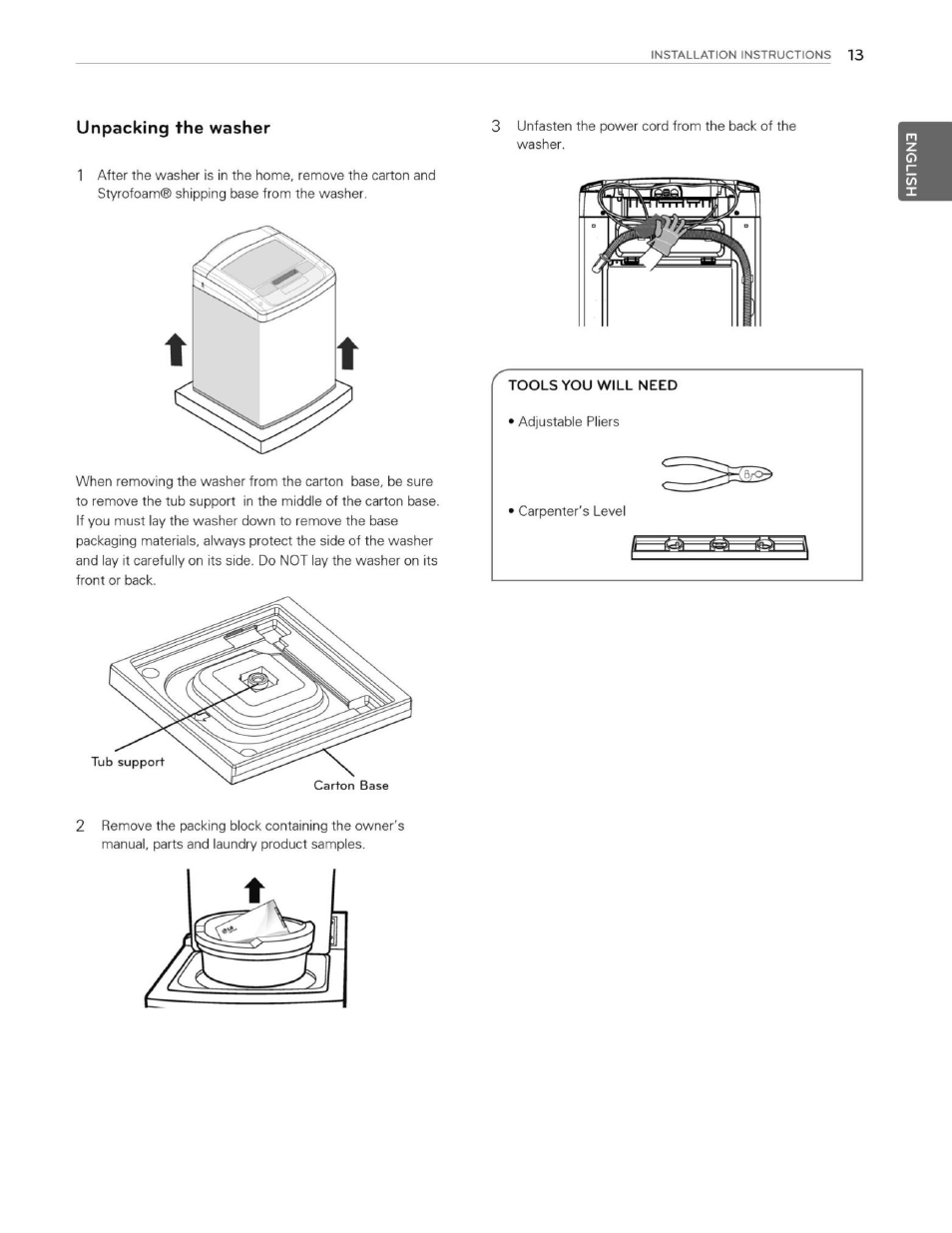 Unpacking the washer | LG WT1201CW User Manual | Page 13 / 84