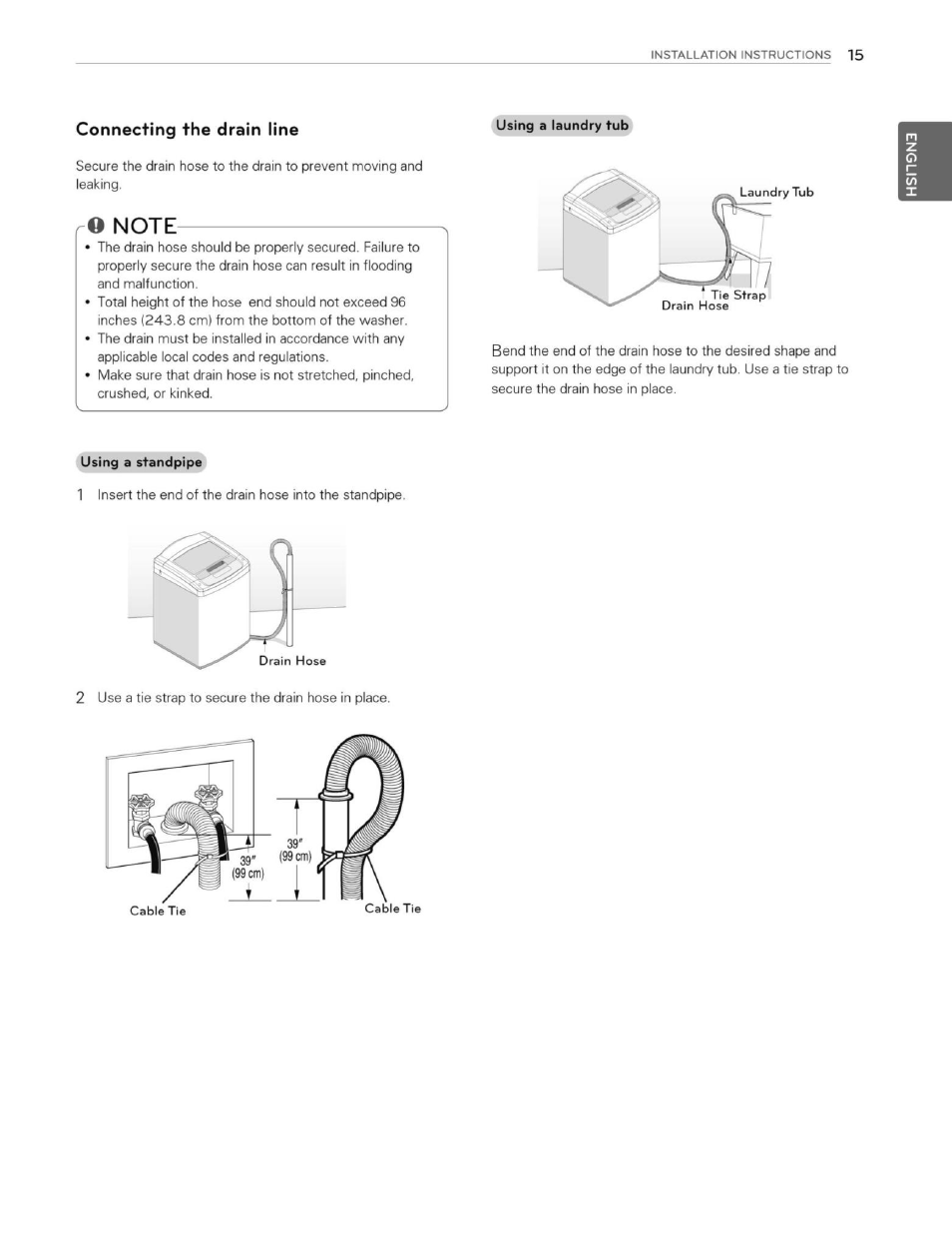 Connecting the drain line | LG WT1201CW User Manual | Page 15 / 84