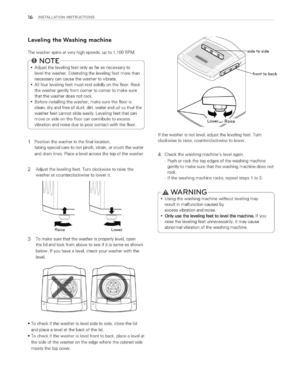 Leveling the washing machine, Ro note, A warning | Warning | LG WT1201CW User Manual | Page 16 / 84