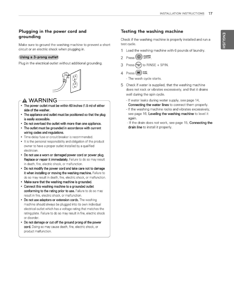 Plugging in the power cord and grounding, A warning, Testing the washing machine | Warning | LG WT1201CW User Manual | Page 17 / 84