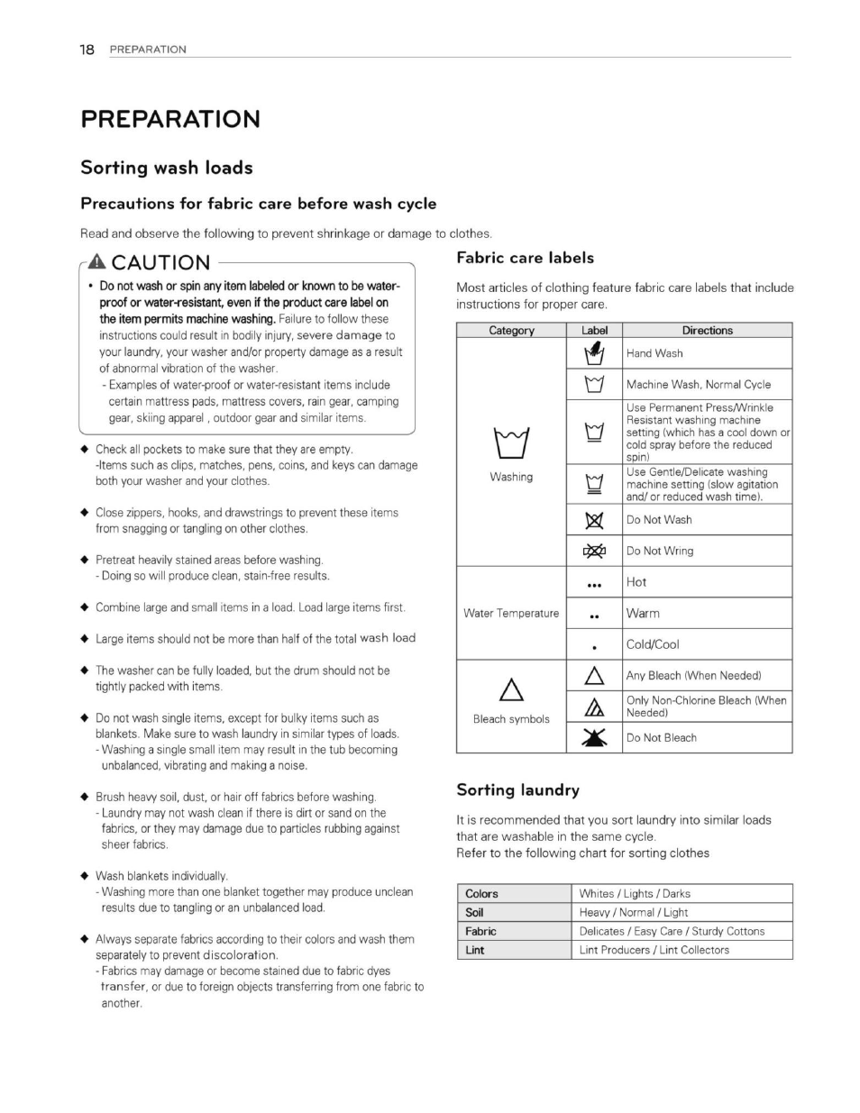 Preparation, Precautions for fabric care before wash cycle, Ra caution | Sorting laundry, Sorting wash loads | LG WT1201CW User Manual | Page 18 / 84